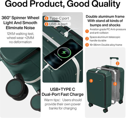Carry On Luggage with Cup Phone Holder and Charger Hard Shell Suitcases with Spinner Wheels, 20 Inch Smoke White