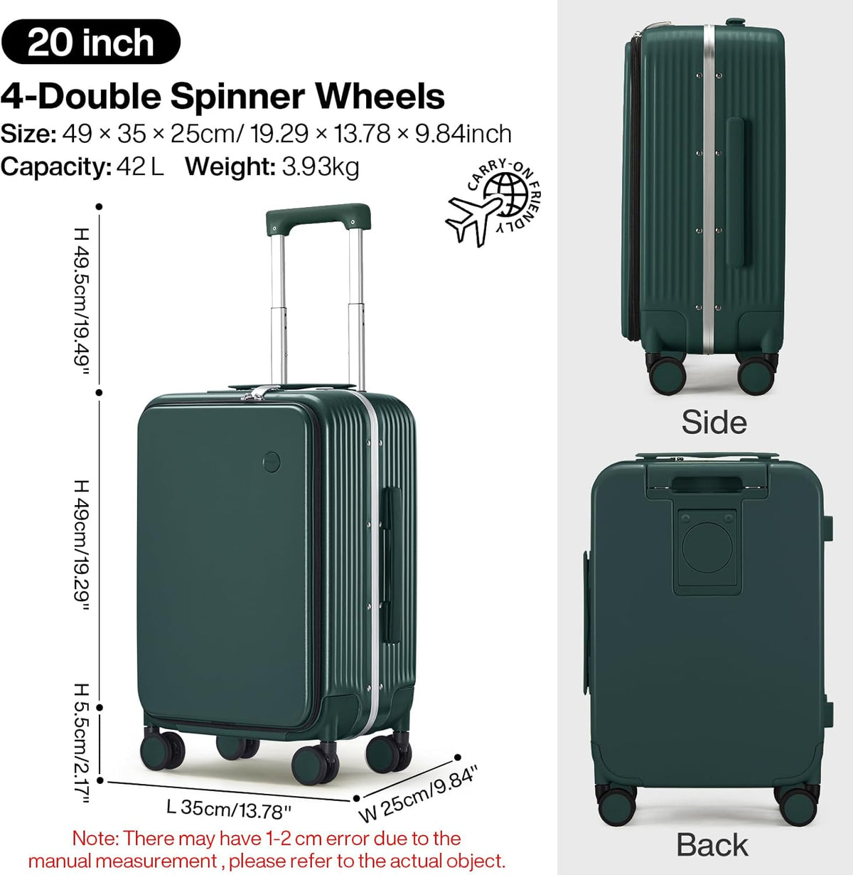 Carry On Luggage with Cup Phone Holder and Charger Hard Shell Suitcases with Spinner Wheels, 20 Inch Smoke White