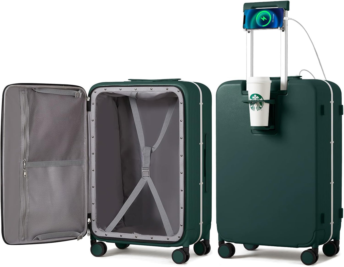 Carry On Luggage with Cup Phone Holder and Charger Hard Shell Suitcases with Spinner Wheels, 20 Inch Smoke White