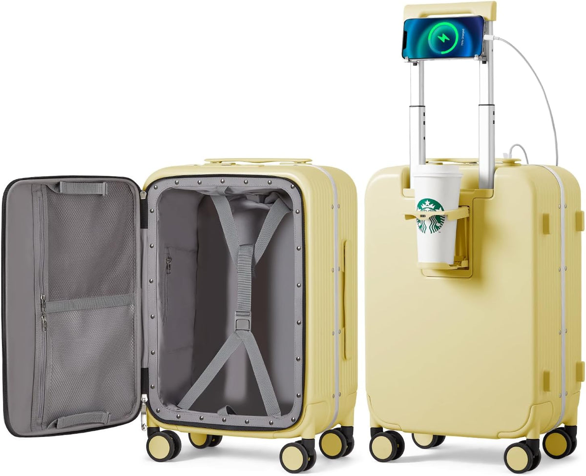 Carry On Luggage with Cup Phone Holder and Charger Hard Shell Suitcases with Spinner Wheels, 20 Inch Smoke White