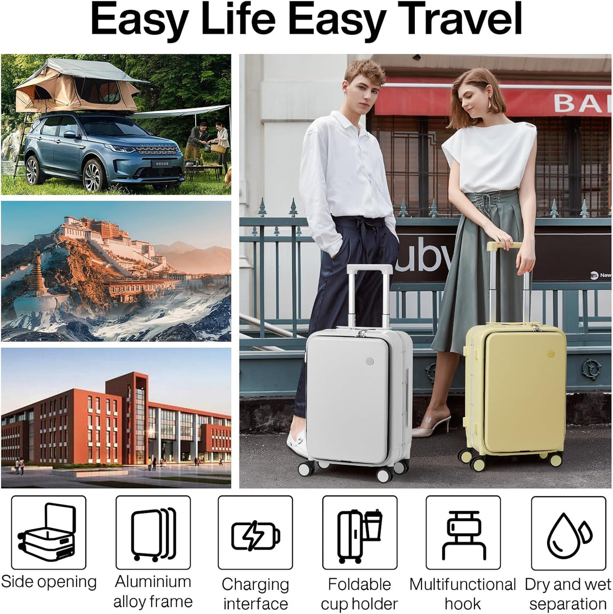 Carry On Luggage with Cup Phone Holder and Charger Hard Shell Suitcases with Spinner Wheels, 20 Inch Smoke White