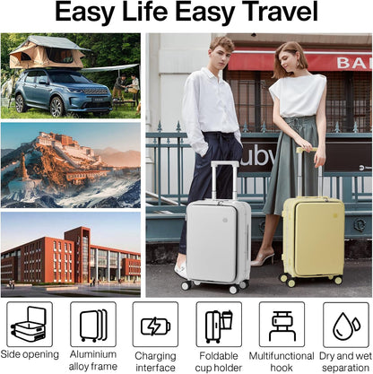 Carry On Luggage with Cup Phone Holder and Charger Hard Shell Suitcases with Spinner Wheels, 20 Inch Smoke White