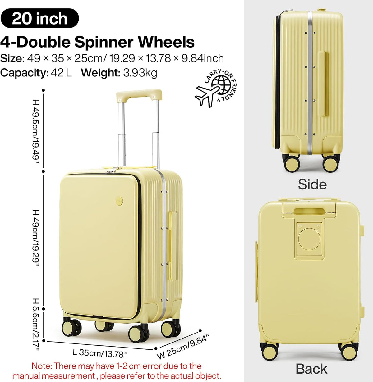 Carry On Luggage with Cup Phone Holder and Charger Hard Shell Suitcases with Spinner Wheels, 20 Inch Smoke White