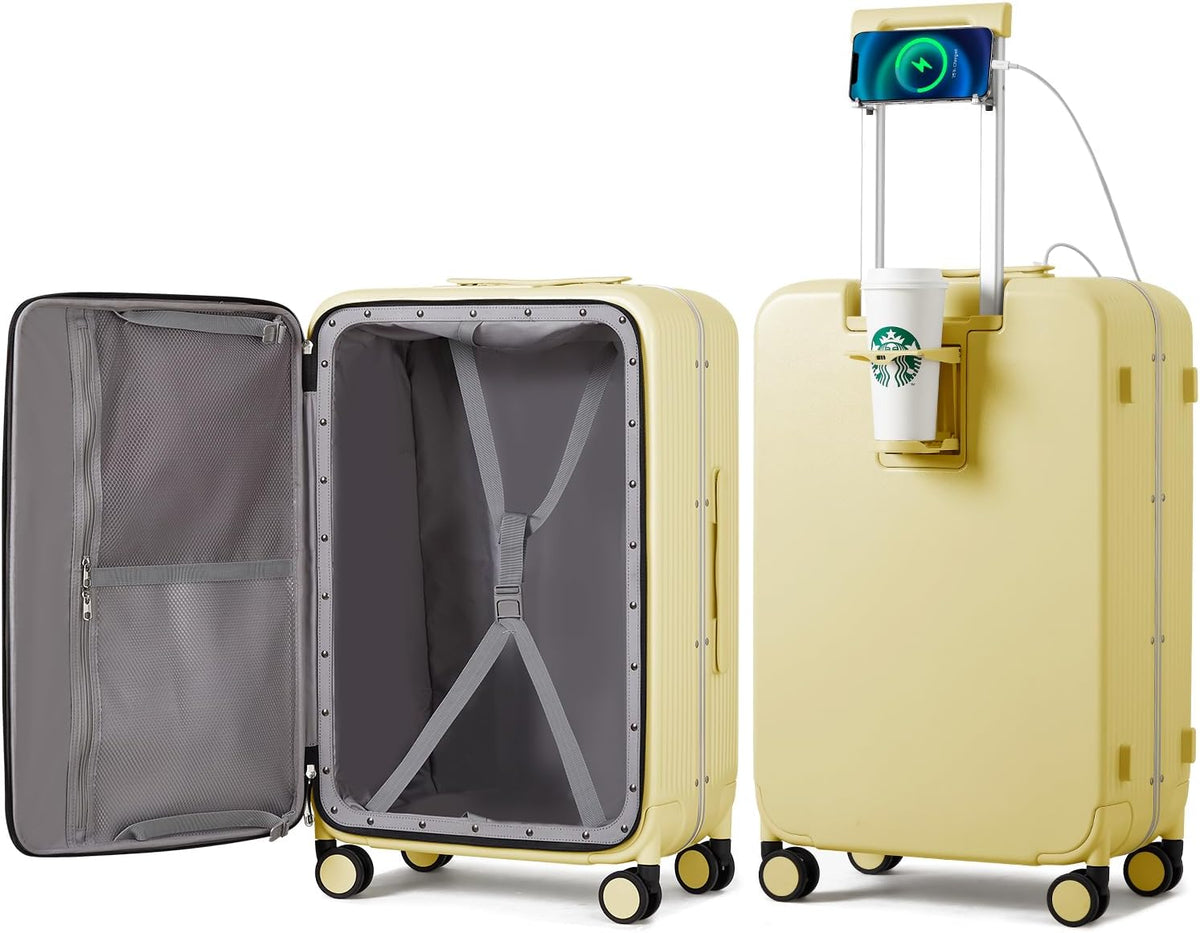 Carry On Luggage with Cup Phone Holder and Charger Hard Shell Suitcases with Spinner Wheels, 20 Inch Smoke White