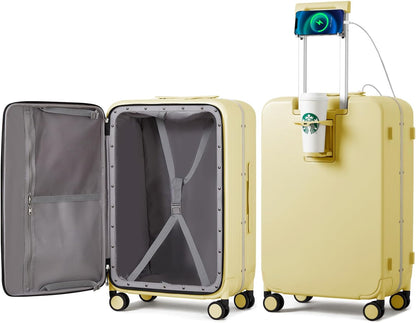 Carry On Luggage with Cup Phone Holder and Charger Hard Shell Suitcases with Spinner Wheels, 20 Inch Smoke White