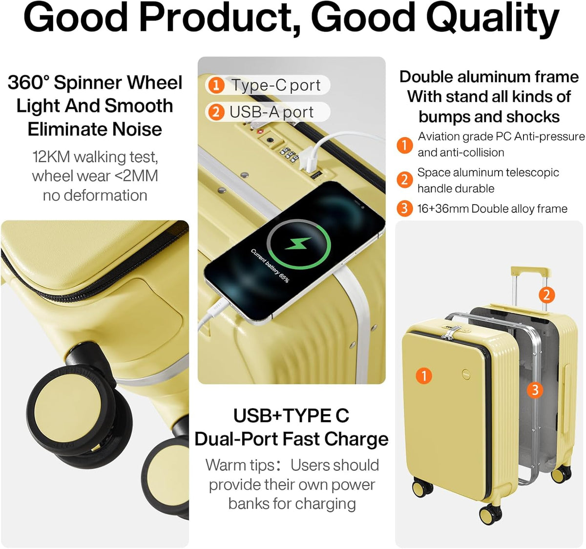 Carry On Luggage with Cup Phone Holder and Charger Hard Shell Suitcases with Spinner Wheels, 20 Inch Smoke White