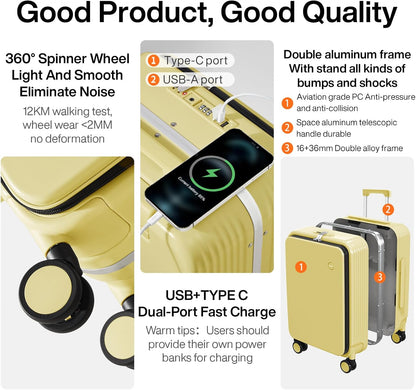 Carry On Luggage with Cup Phone Holder and Charger Hard Shell Suitcases with Spinner Wheels, 20 Inch Smoke White