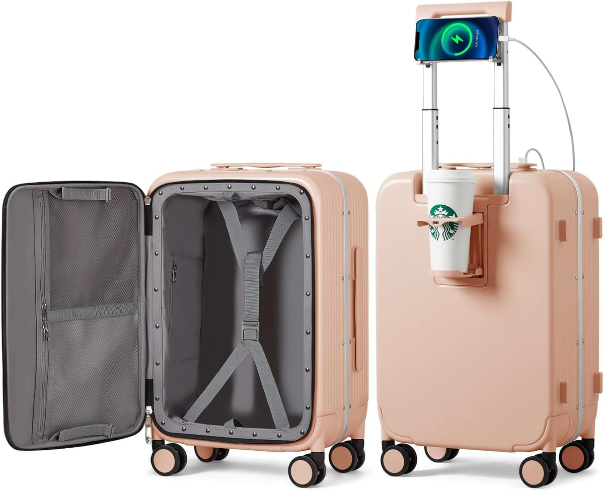 Carry On Luggage with Cup Phone Holder and Charger Hard Shell Suitcases with Spinner Wheels, 20 Inch Smoke White