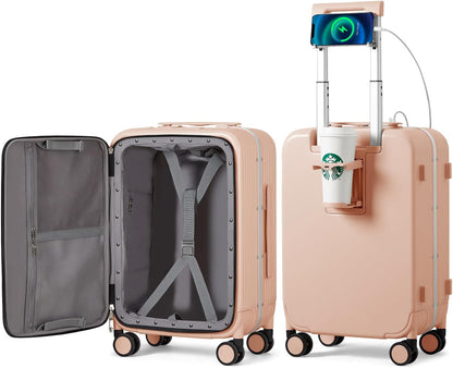 Carry On Luggage with Cup Phone Holder and Charger Hard Shell Suitcases with Spinner Wheels, 20 Inch Smoke White