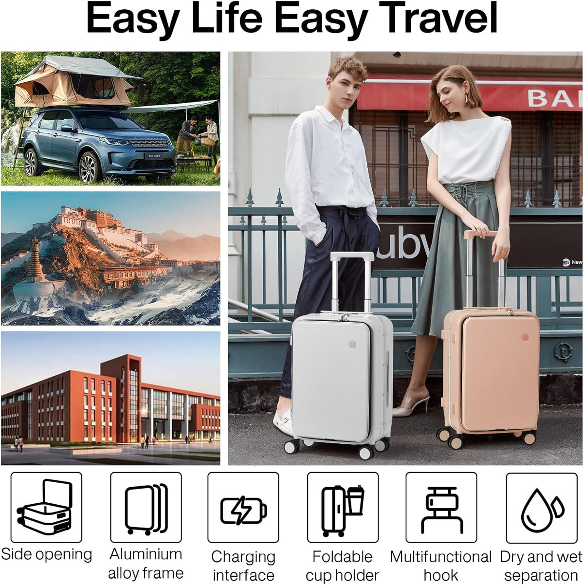 Carry On Luggage with Cup Phone Holder and Charger Hard Shell Suitcases with Spinner Wheels, 20 Inch Smoke White