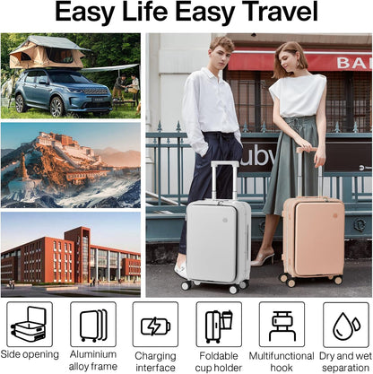 Carry On Luggage with Cup Phone Holder and Charger Hard Shell Suitcases with Spinner Wheels, 20 Inch Smoke White