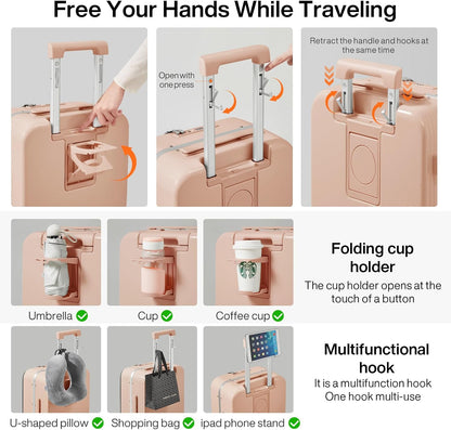 Carry On Luggage with Cup Phone Holder and Charger Hard Shell Suitcases with Spinner Wheels, 20 Inch Smoke White