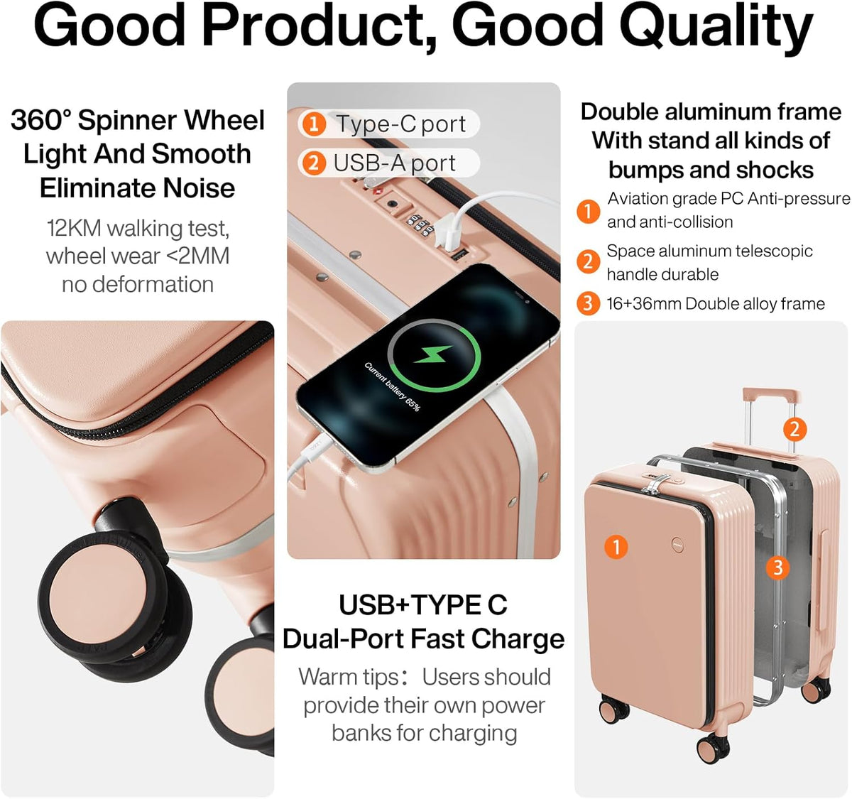 Carry On Luggage with Cup Phone Holder and Charger Hard Shell Suitcases with Spinner Wheels, 20 Inch Smoke White