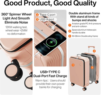 Carry On Luggage with Cup Phone Holder and Charger Hard Shell Suitcases with Spinner Wheels, 20 Inch Smoke White