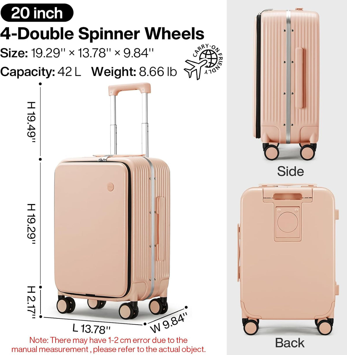 Carry On Luggage with Cup Phone Holder and Charger Hard Shell Suitcases with Spinner Wheels, 20 Inch Smoke White