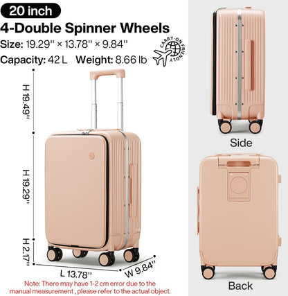 Carry On Luggage with Cup Phone Holder and Charger Hard Shell Suitcases with Spinner Wheels, 20 Inch Smoke White