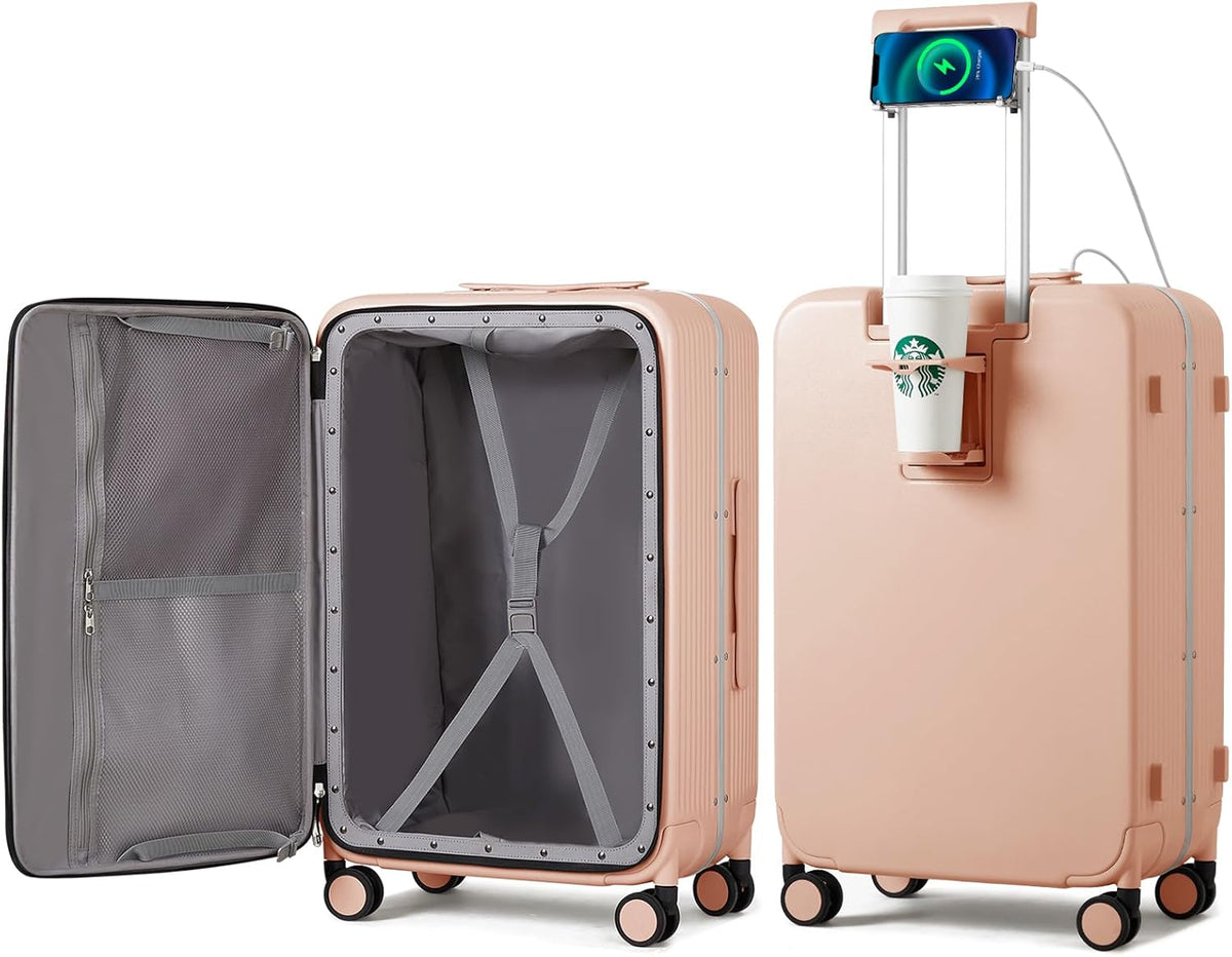 Carry On Luggage with Cup Phone Holder and Charger Hard Shell Suitcases with Spinner Wheels, 20 Inch Smoke White