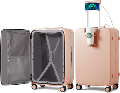 Carry On Luggage with Cup Phone Holder and Charger Hard Shell Suitcases with Spinner Wheels, 20 Inch Smoke White