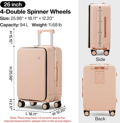 Carry On Luggage with Cup Phone Holder and Charger Hard Shell Suitcases with Spinner Wheels, 20 Inch Smoke White