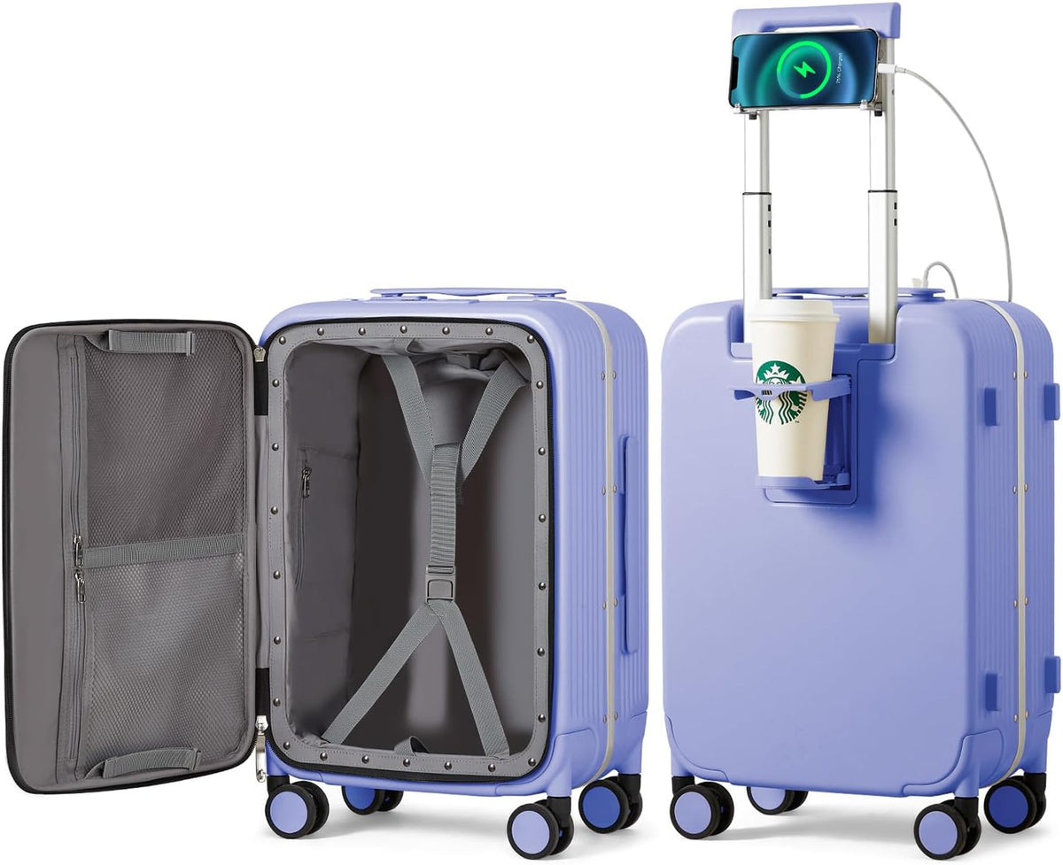 Carry On Luggage with Cup Phone Holder and Charger Hard Shell Suitcases with Spinner Wheels, 20 Inch Smoke White