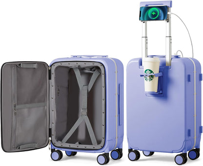 Carry On Luggage with Cup Phone Holder and Charger Hard Shell Suitcases with Spinner Wheels, 20 Inch Smoke White