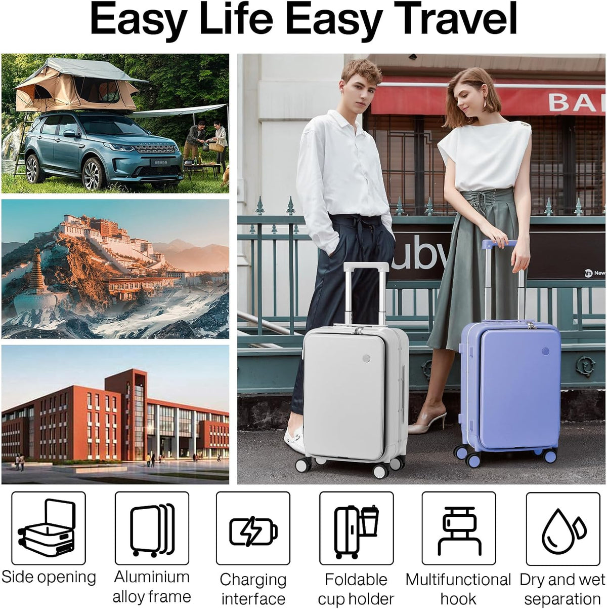 Carry On Luggage with Cup Phone Holder and Charger Hard Shell Suitcases with Spinner Wheels, 20 Inch Smoke White