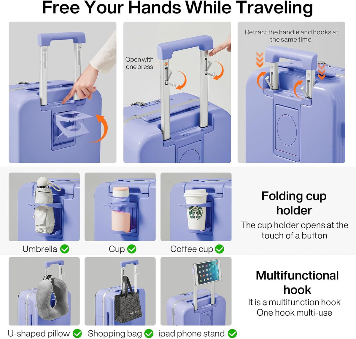 Carry On Luggage with Cup Phone Holder and Charger Hard Shell Suitcases with Spinner Wheels, 20 Inch Smoke White