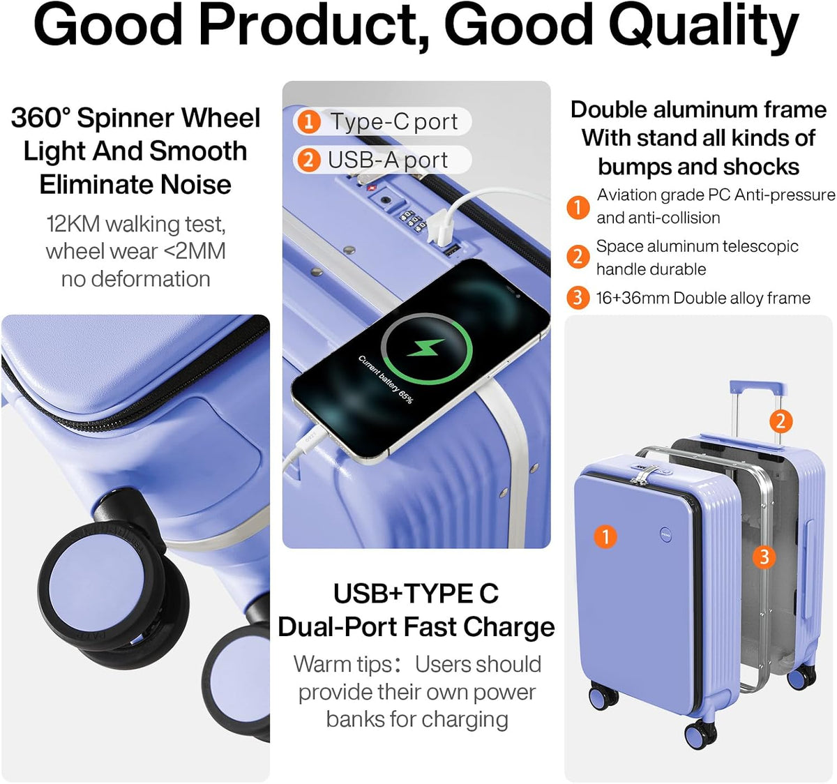 Carry On Luggage with Cup Phone Holder and Charger Hard Shell Suitcases with Spinner Wheels, 20 Inch Smoke White