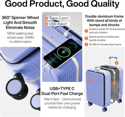 Carry On Luggage with Cup Phone Holder and Charger Hard Shell Suitcases with Spinner Wheels, 20 Inch Smoke White
