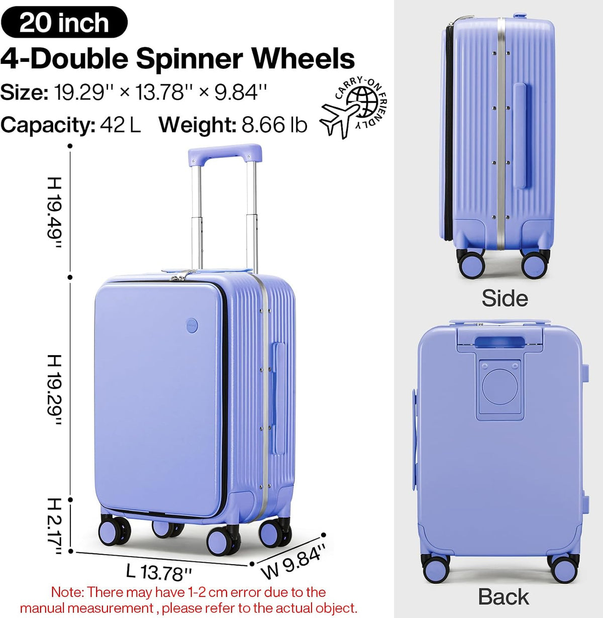 Carry On Luggage with Cup Phone Holder and Charger Hard Shell Suitcases with Spinner Wheels, 20 Inch Smoke White