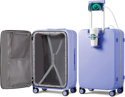 Carry On Luggage with Cup Phone Holder and Charger Hard Shell Suitcases with Spinner Wheels, 20 Inch Smoke White