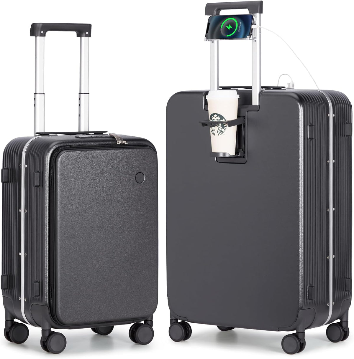 Carry On Luggage with Cup Phone Holder and Charger Hard Shell Suitcases with Spinner Wheels, 20 Inch Smoke White