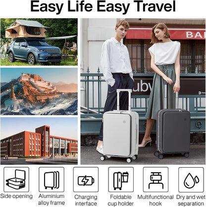 Carry On Luggage with Cup Phone Holder and Charger Hard Shell Suitcases with Spinner Wheels, 20 Inch Smoke White
