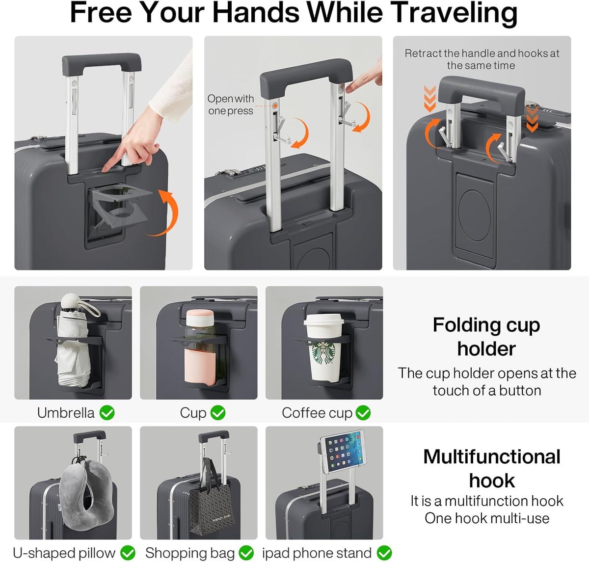 Carry On Luggage with Cup Phone Holder and Charger Hard Shell Suitcases with Spinner Wheels, 20 Inch Smoke White