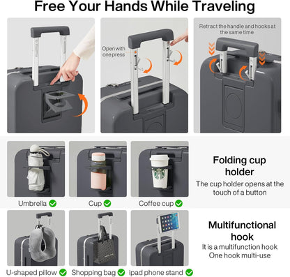 Carry On Luggage with Cup Phone Holder and Charger Hard Shell Suitcases with Spinner Wheels, 20 Inch Smoke White
