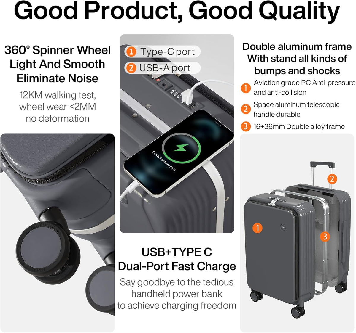 Carry On Luggage with Cup Phone Holder and Charger Hard Shell Suitcases with Spinner Wheels, 20 Inch Smoke White