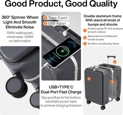 Carry On Luggage with Cup Phone Holder and Charger Hard Shell Suitcases with Spinner Wheels, 20 Inch Smoke White