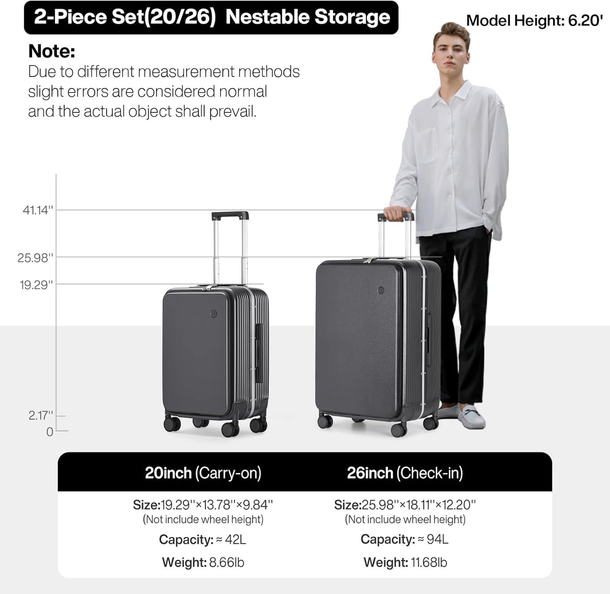 Carry On Luggage with Cup Phone Holder and Charger Hard Shell Suitcases with Spinner Wheels, 20 Inch Smoke White