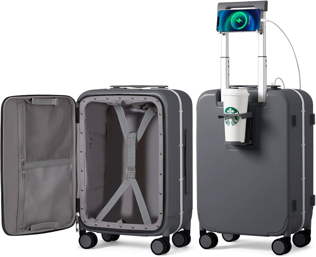 Carry On Luggage with Cup Phone Holder and Charger Hard Shell Suitcases with Spinner Wheels, 20 Inch Smoke White