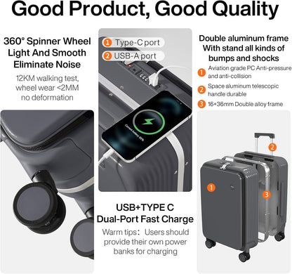 Carry On Luggage with Cup Phone Holder and Charger Hard Shell Suitcases with Spinner Wheels, 20 Inch Smoke White