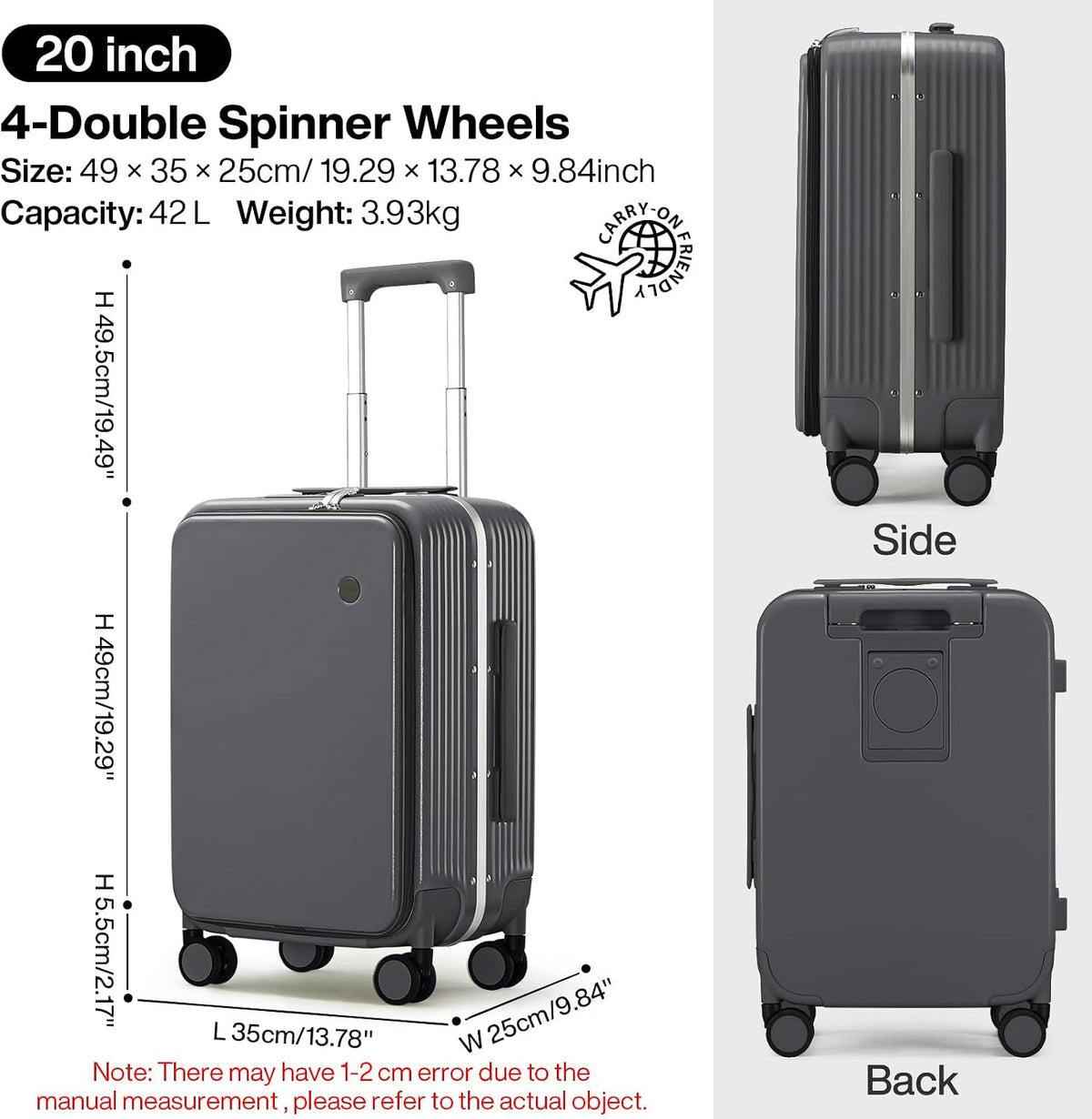 Carry On Luggage with Cup Phone Holder and Charger Hard Shell Suitcases with Spinner Wheels, 20 Inch Smoke White