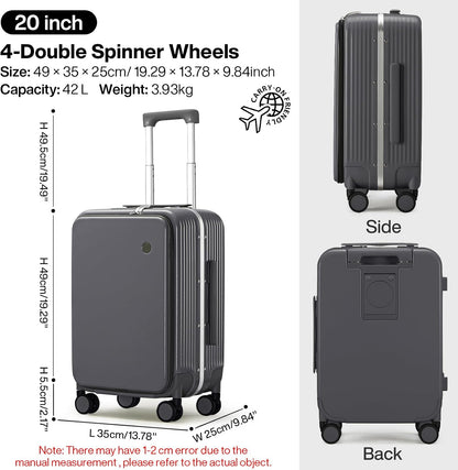 Carry On Luggage with Cup Phone Holder and Charger Hard Shell Suitcases with Spinner Wheels, 20 Inch Smoke White