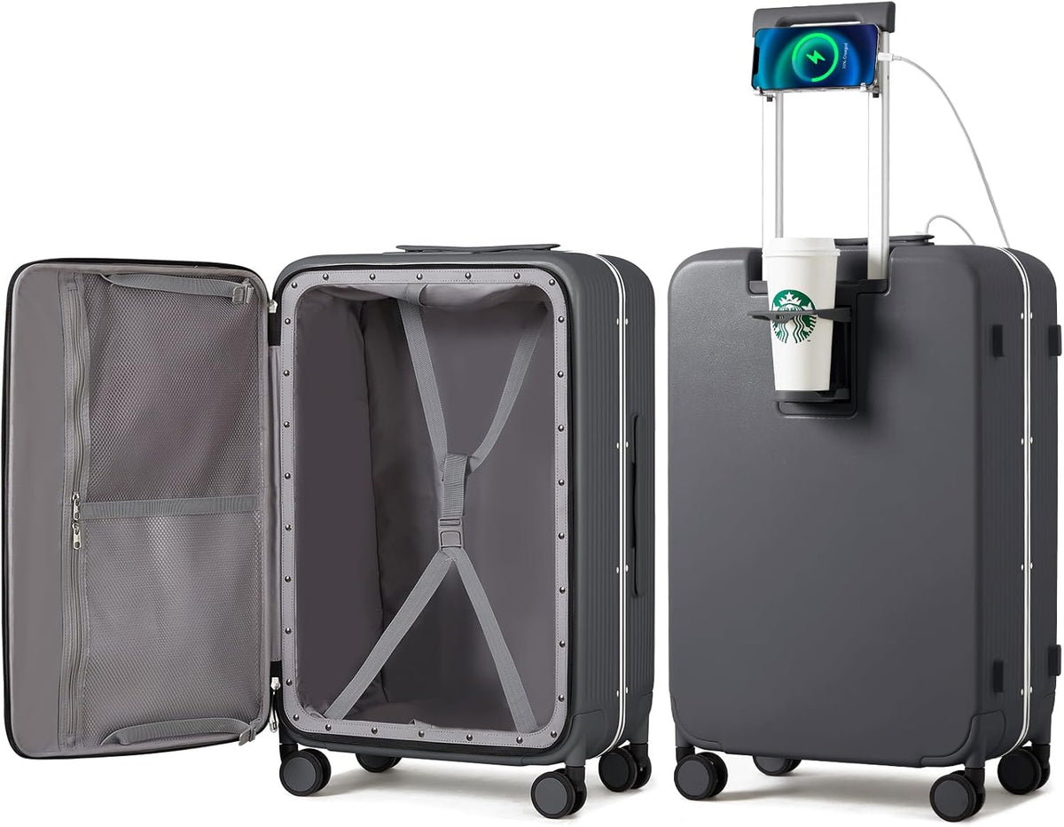 Carry On Luggage with Cup Phone Holder and Charger Hard Shell Suitcases with Spinner Wheels, 20 Inch Smoke White