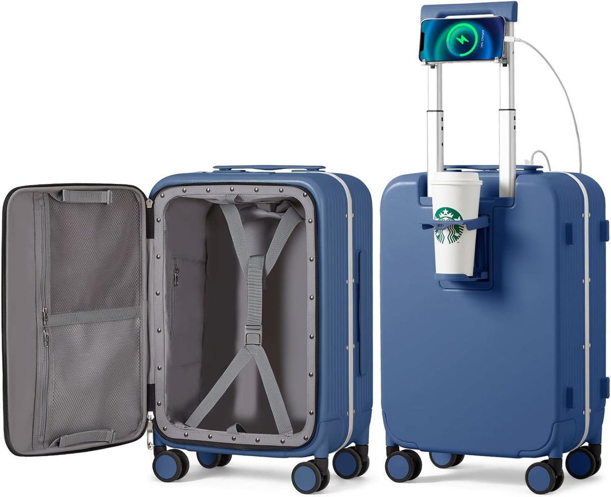 Carry On Luggage with Cup Phone Holder and Charger Hard Shell Suitcases with Spinner Wheels, 20 Inch Smoke White