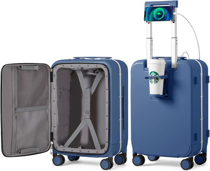 Carry On Luggage with Cup Phone Holder and Charger Hard Shell Suitcases with Spinner Wheels, 20 Inch Smoke White