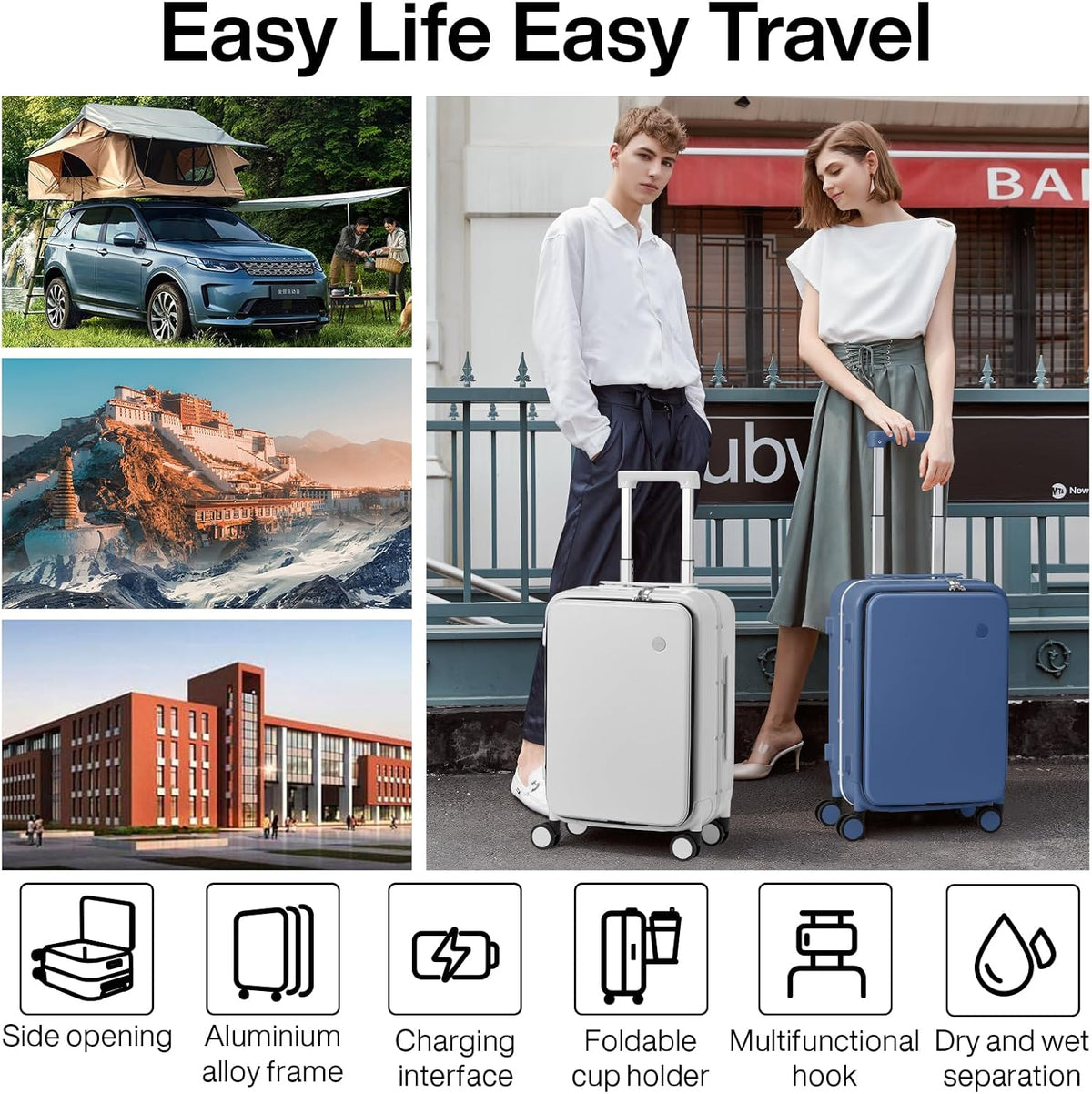 Carry On Luggage with Cup Phone Holder and Charger Hard Shell Suitcases with Spinner Wheels, 20 Inch Smoke White