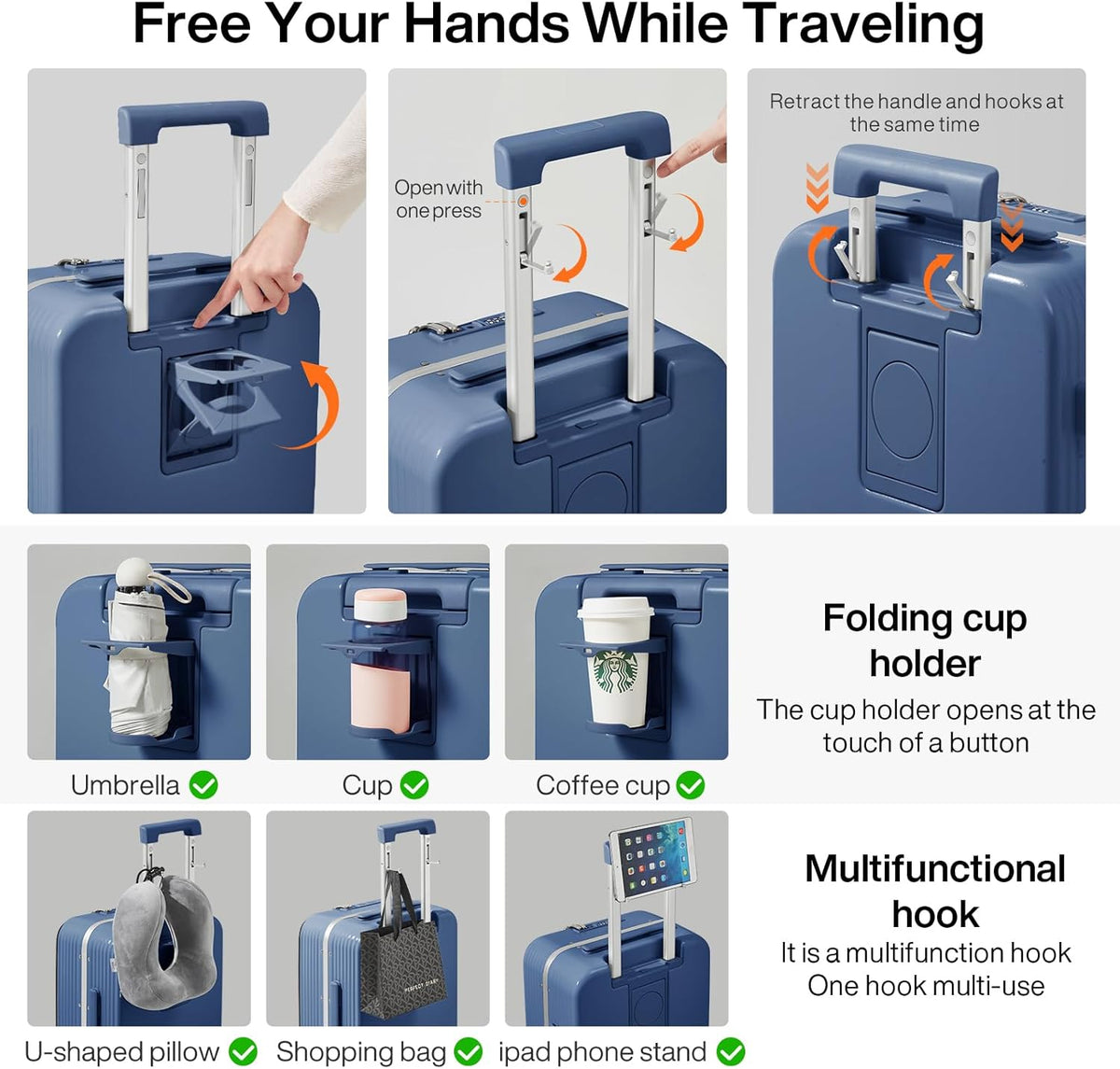Carry On Luggage with Cup Phone Holder and Charger Hard Shell Suitcases with Spinner Wheels, 20 Inch Smoke White