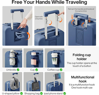 Carry On Luggage with Cup Phone Holder and Charger Hard Shell Suitcases with Spinner Wheels, 20 Inch Smoke White