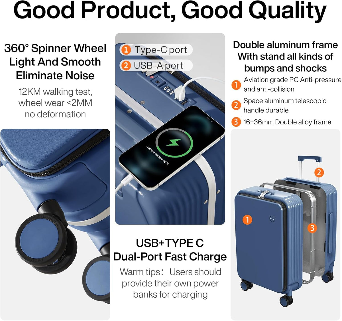 Carry On Luggage with Cup Phone Holder and Charger Hard Shell Suitcases with Spinner Wheels, 20 Inch Smoke White