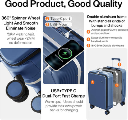 Carry On Luggage with Cup Phone Holder and Charger Hard Shell Suitcases with Spinner Wheels, 20 Inch Smoke White